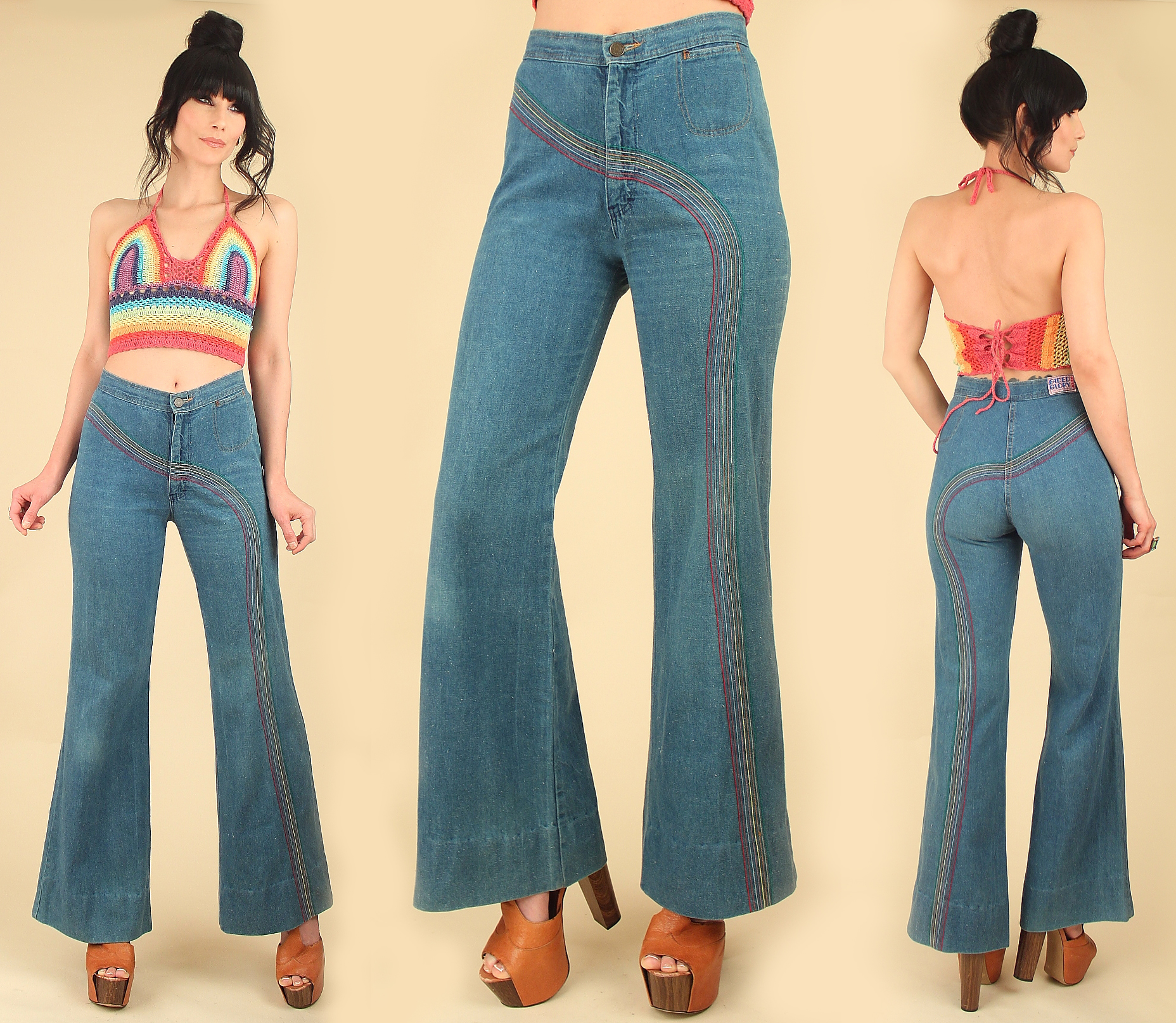 Original Vintage RAINBOW Embroidered BELL BOTTOM Jeans by Faded
